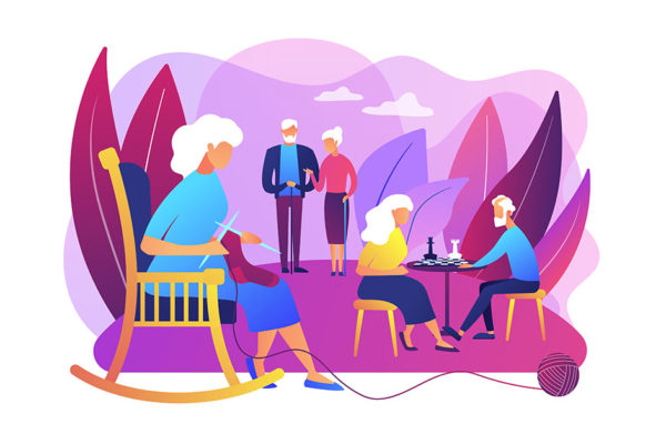gezeichnetes Bild zum Thema Wohnen im Alter: Senioren sitzen im Garten an Tischen oder nähen im Schaukelstuhl.