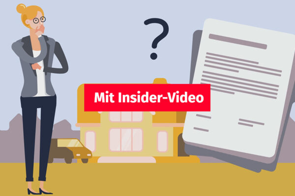 Illustration: Eine Frau steht vor einem Haus und ist unsicher, was ins Exposé gehört | Immobilienexposé