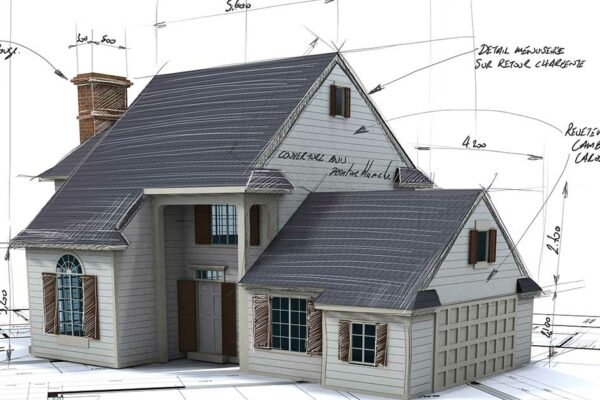 Zeichnung eines Einfamilienhauses mit grauem Dach und Garage mit Notizen - Bauflation