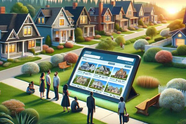 In einer Welt voll bunter Einfamilienhäuser stehen potenzielle Immobilienkäufer vor einem Tablett und suchen nach dem schönsten Haus
