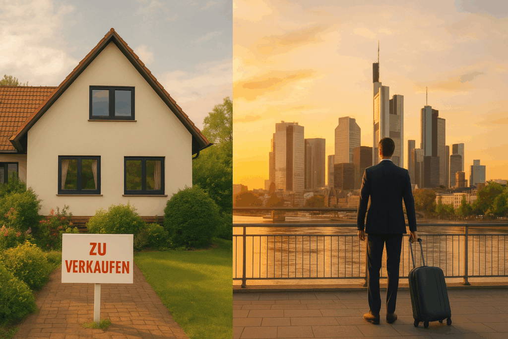ein geteiltes Bild, welches das alte Haus und das neue Leben eines Menschen im Ausland zeigt