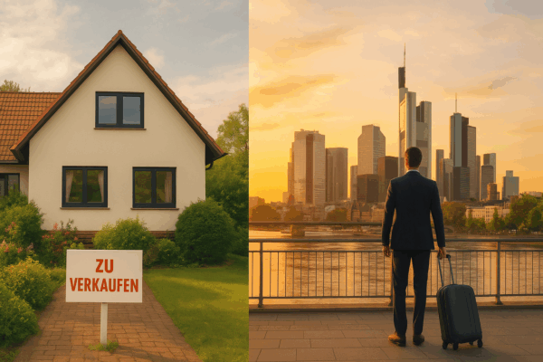 ein geteiltes Bild, welches das alte Haus und das neue Leben eines Menschen im Ausland zeigt